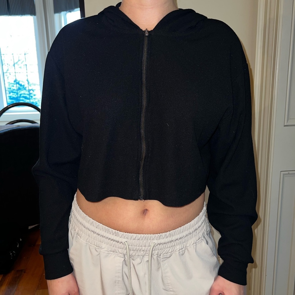 Black cropped waffle zip up hoodie